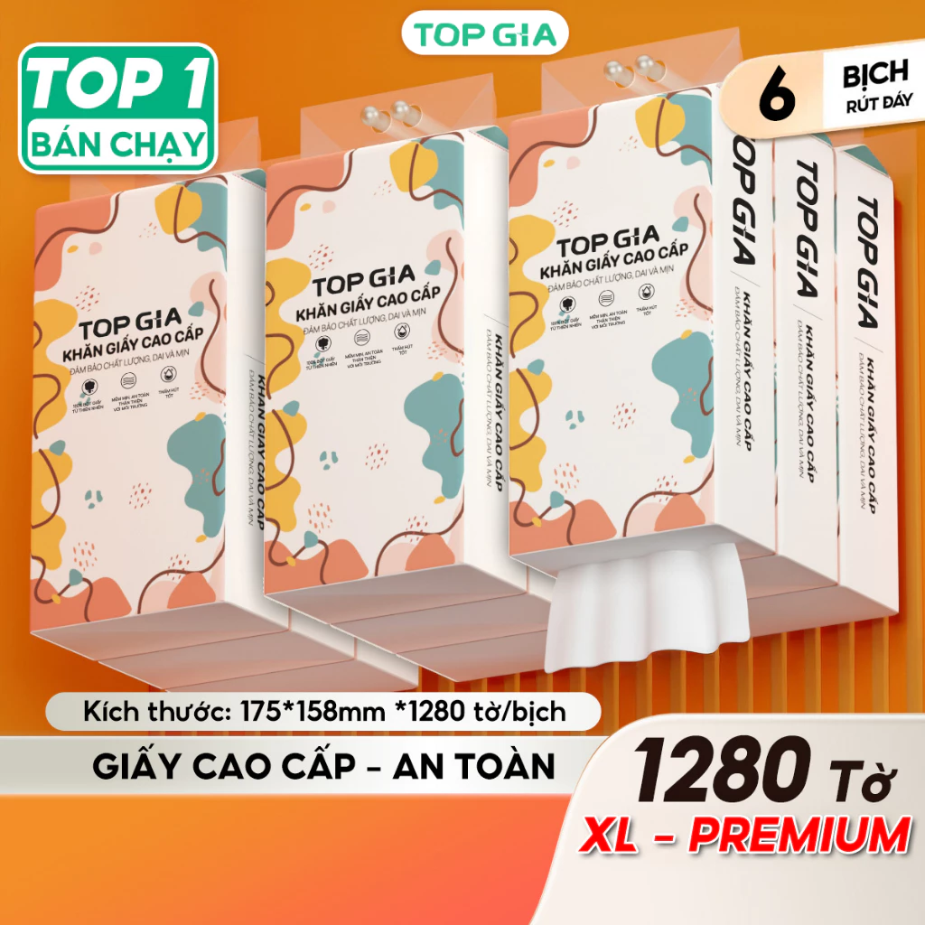 Giấy vệ sinh treo tường TopGia thùng 6 bịch đa sắc treo đa năng từ bột giấy thiên nhiên, 1280tờ/4lớp