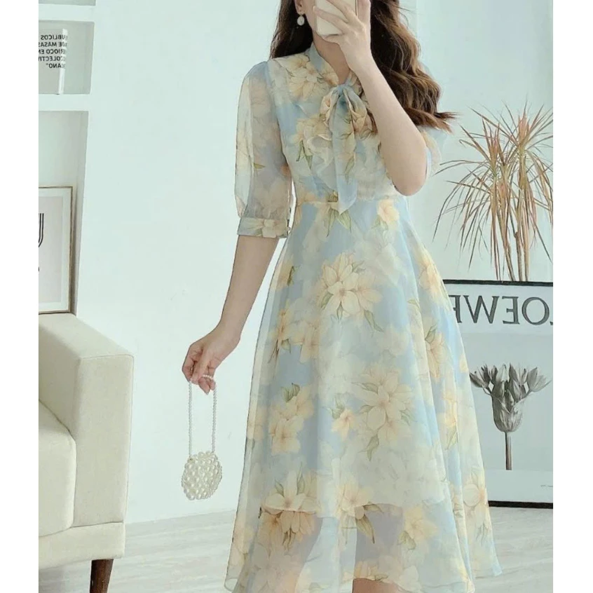 Đầm Nữ Mới VOAN HOA Dáng Xòe CỘT NƠ Cổ Phong Cách Tiểu Thư THỜI TRANG