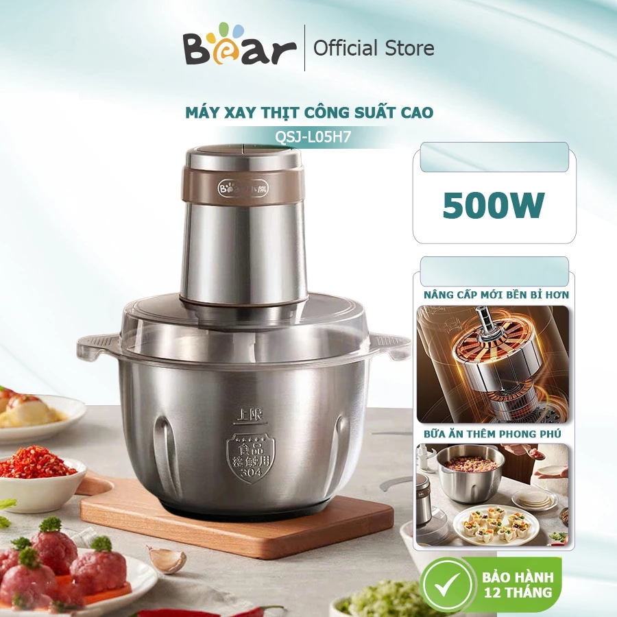 Máy xay thịt Bear QSJ-L05H7 cối inox 2,6L, Công suất cao 500W, hoạt động êm ái, xay cua, cá, thịt, làm pate -BH 18 tháng
