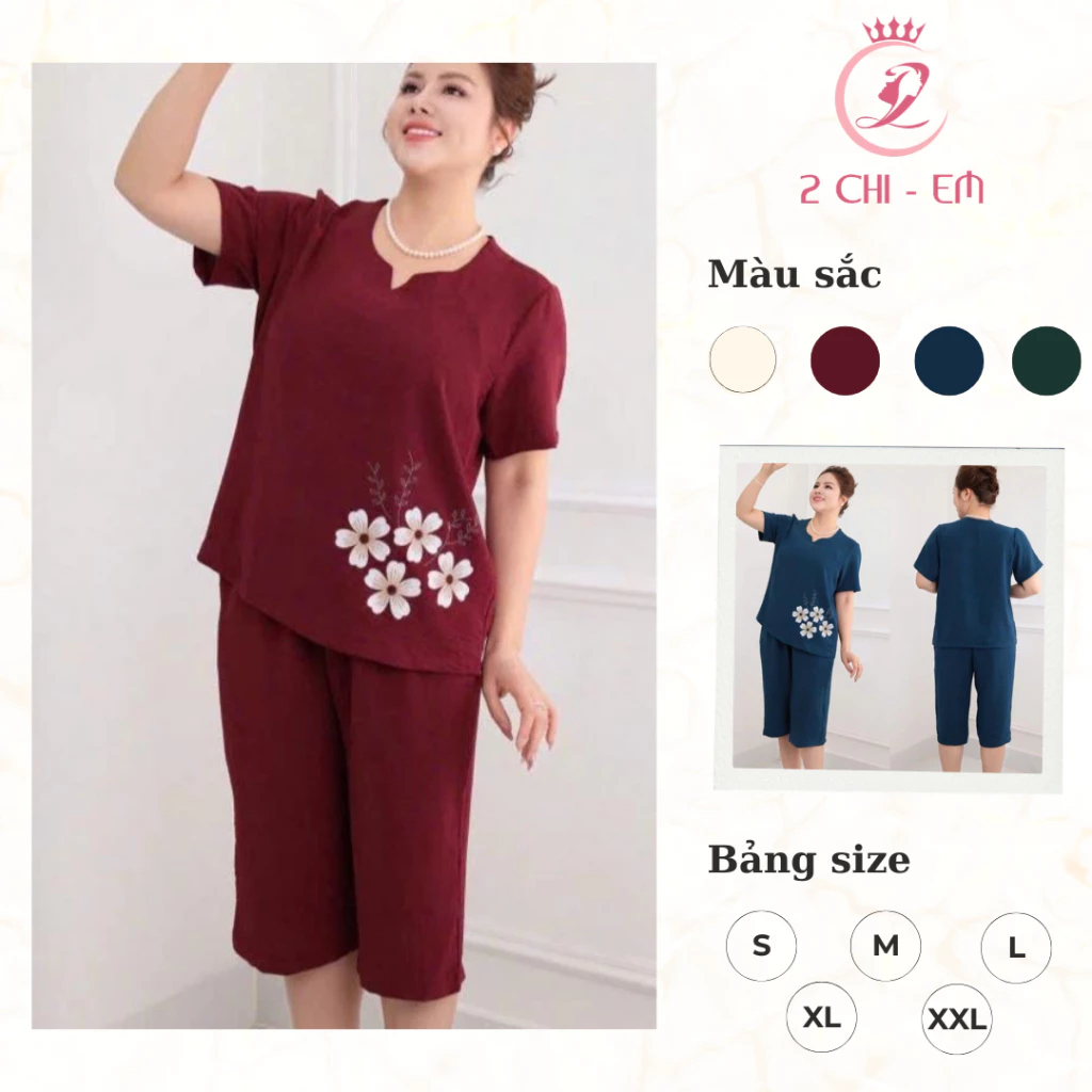 Set đồ bộ trung niên Ms19 – Lụa đũi cao cấp, mát nhẹ, quần lửng suông, áo cổ tròn dễ mặc