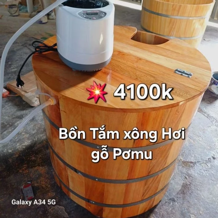 Bồn tắm xông hơi gỗ Pơ Mu dáng tròn 70x80cm – Không thấm nước, không mốc – Kèm máy xông 3L/4L