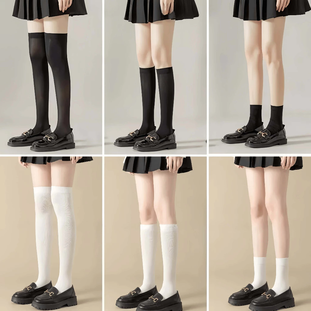 MiraLife Tất dài lolita siêu mỏng phong cách y2k, vớ nữ chụp kỉ yếu cổ cao trơn trắng đen