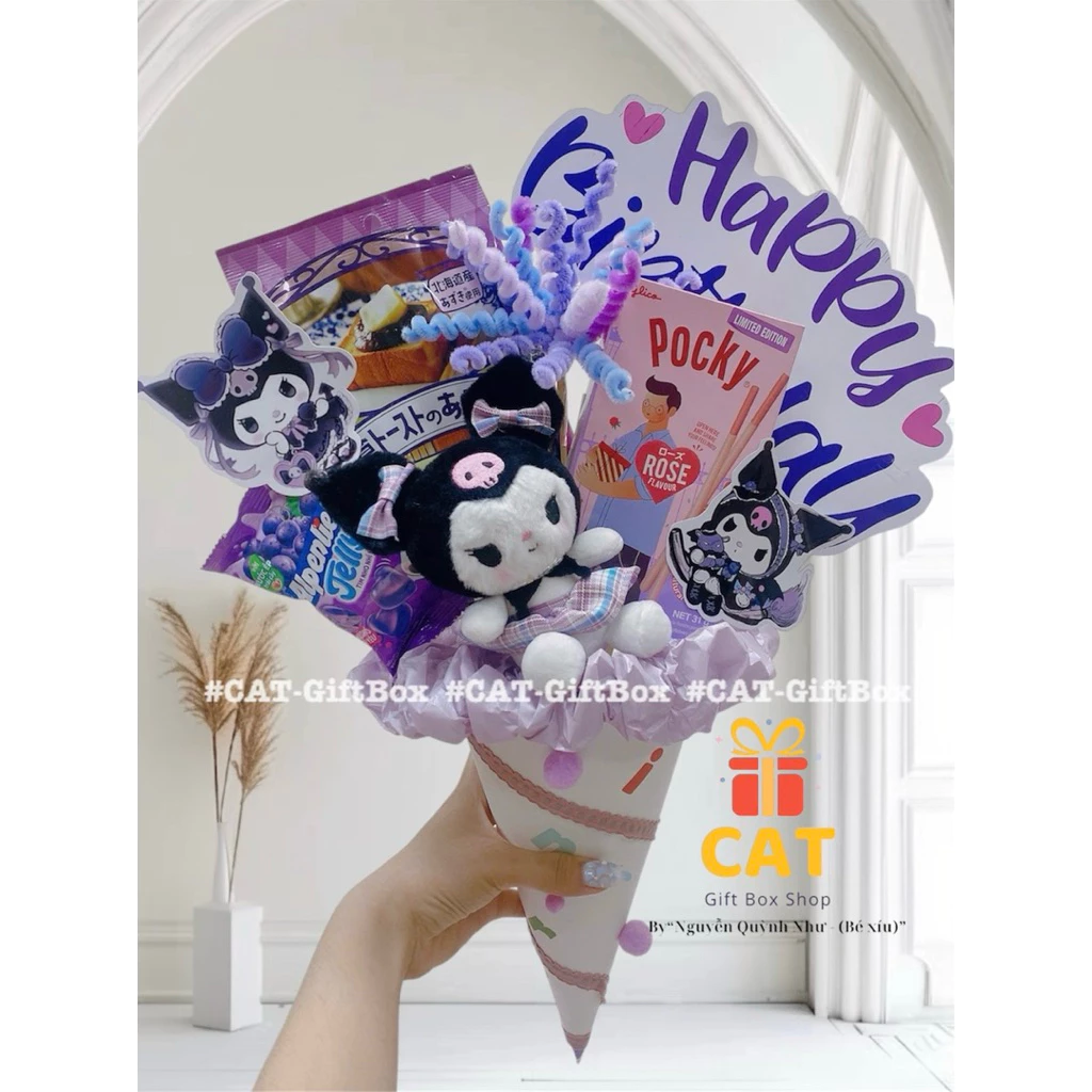 Ốc quế bánh kẹo mix gấu bông xinh xắn , quà tặng sinh nhật độc lạ, bánh kẹo hình ốc quế, kuromi, kitty, stitch , loppy