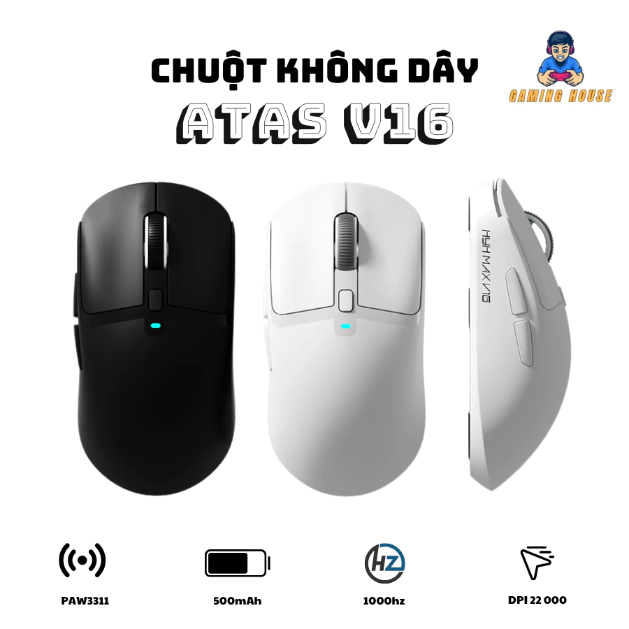 Chuột gaming không dây ATAS V16 - 3 mode - Pin 500mAh - Có app - DPI 22 000 - Chip PAW3311