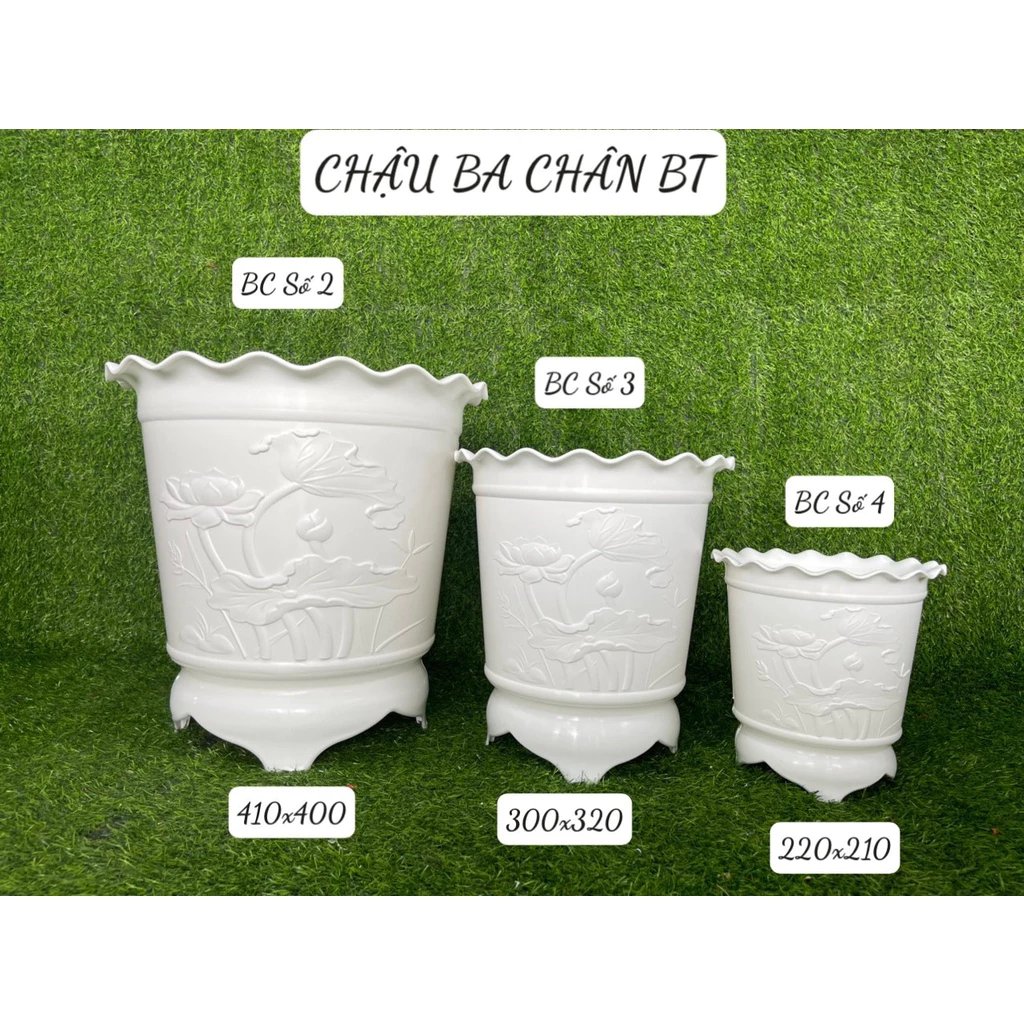 Chậu nhựa trồng cây ba chân in hình hoa sen nổi giả sứ cao cấp