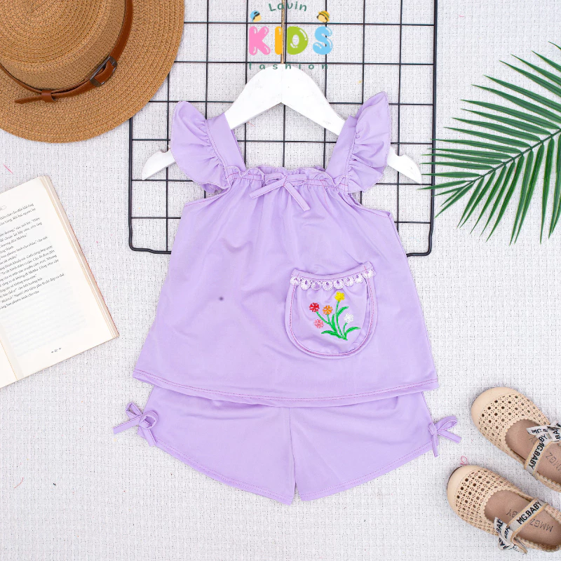 Đồ bộ bé gái thun lạnh dây kiểu thêu túi Lavin Kids 6-16kg hàng loại 1, siêu mát, co giãn 4 chiều