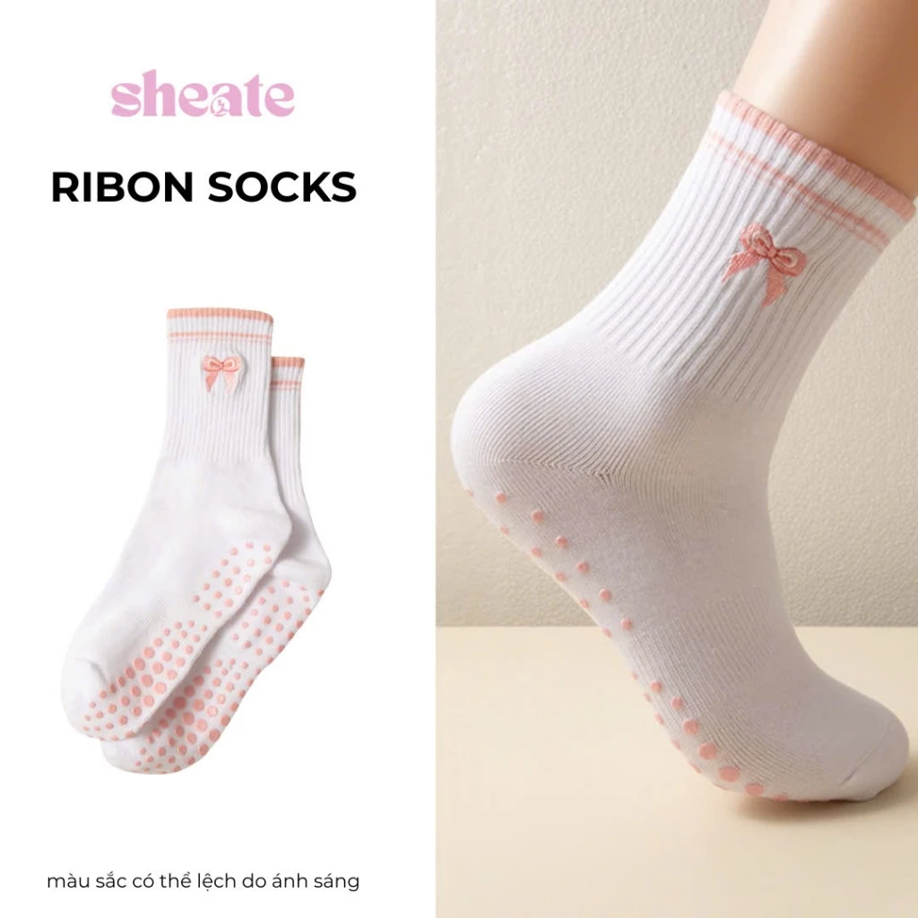 Ribbon Socks - VỚ TẬP THỂ THAO CHỐNG TRƯỢT cổ trung hoạ tiết thêu dễ huông