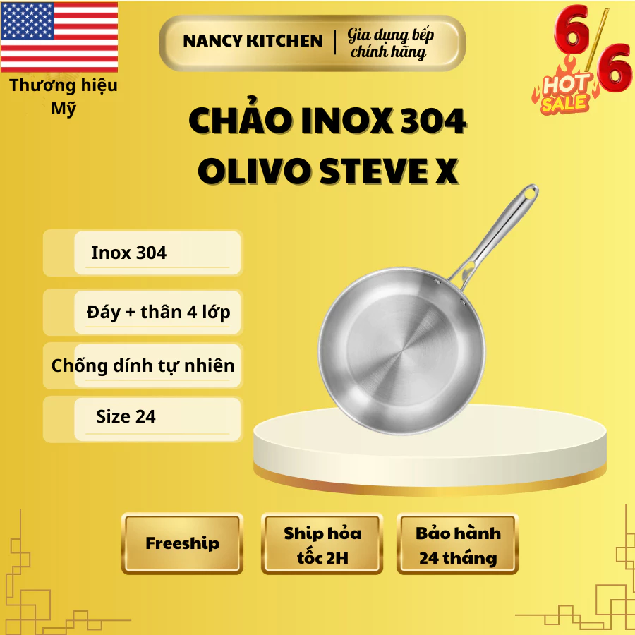 [Chính hãng] Chảo inox 304 Olivo steve x, 4 lớp liền khối,chống dính tự nhiên,size 24,bh 10 năm