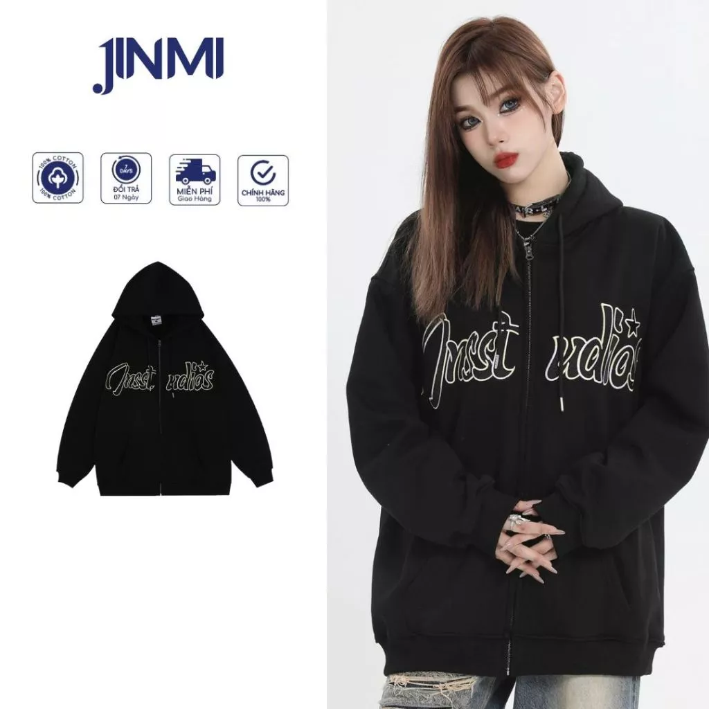 Áo Khoác Hoodie Zip Nam Nữ in chữ UDIOS Jinmi Áo Khoác Nỉ Có Mũ Form Rộng Chất Liệu Nỉ Bông Cotton Dày Dặn