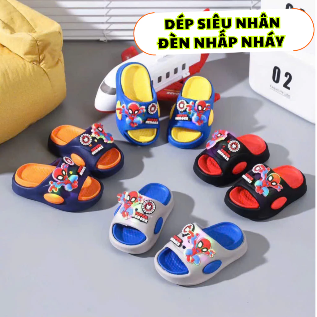 Dép Siêu Nhân Có Đèn LED  Nhấp Nháy Cho Bé Trai, Dép 2 Lớp Êm Chân, Chống Trơn Trượt, Size 24-35 Giá Rẻ