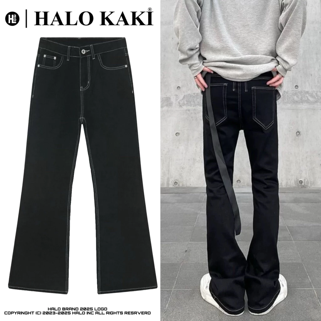 Quần jeans loe đen chỉ trắng phối dây phong cách douying halo kaki unisex nam nữ jeans flare