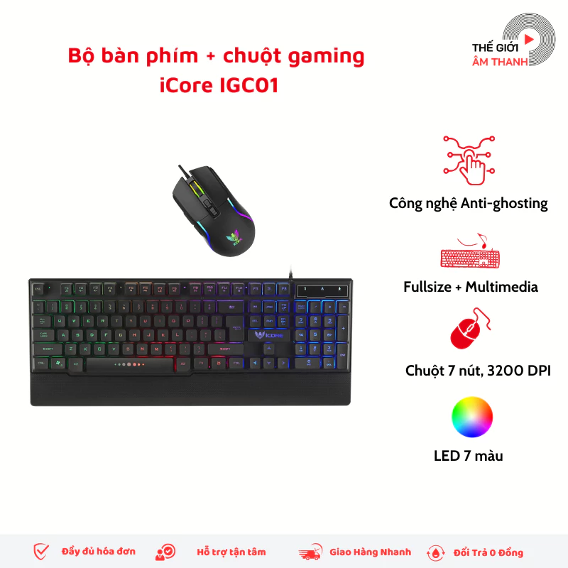 Bộ Phím Chuột Game iCore IGC01, Kết Nối USB, Gõ Phím Êm, Đèn Nền 2 Chế Độ - THẾ GIỚI ÂM THANH