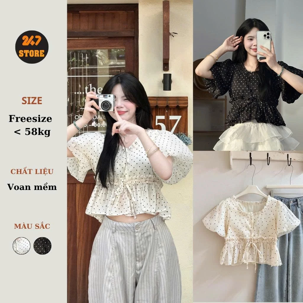 Áo Crop Chấm Bi Tay Bồng Viền Bèo Dáng Bo Eo Dây Rút 247store Cổ Tròn Nữ Tính Aobbd039