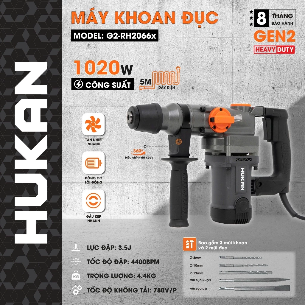 Máy khoan đục bê tông HUKAN G2-RH2066x, 1020w Mũi 28mm - Tặng 5 Mũi khoan đục