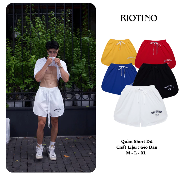 Quần short vải dù RIOTINO Unisex form rộng ống rộng 5 màu - Thêu logo Q009