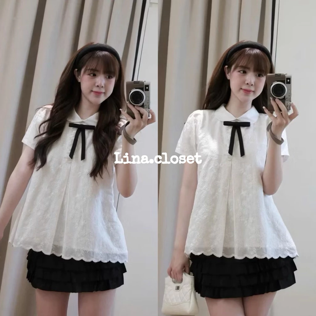 (Kèm nơ) Áo sơ mi trắng cổ sen tay ngắn ren hoa hồ điệp dáng babydoll tiểu thư AH1434