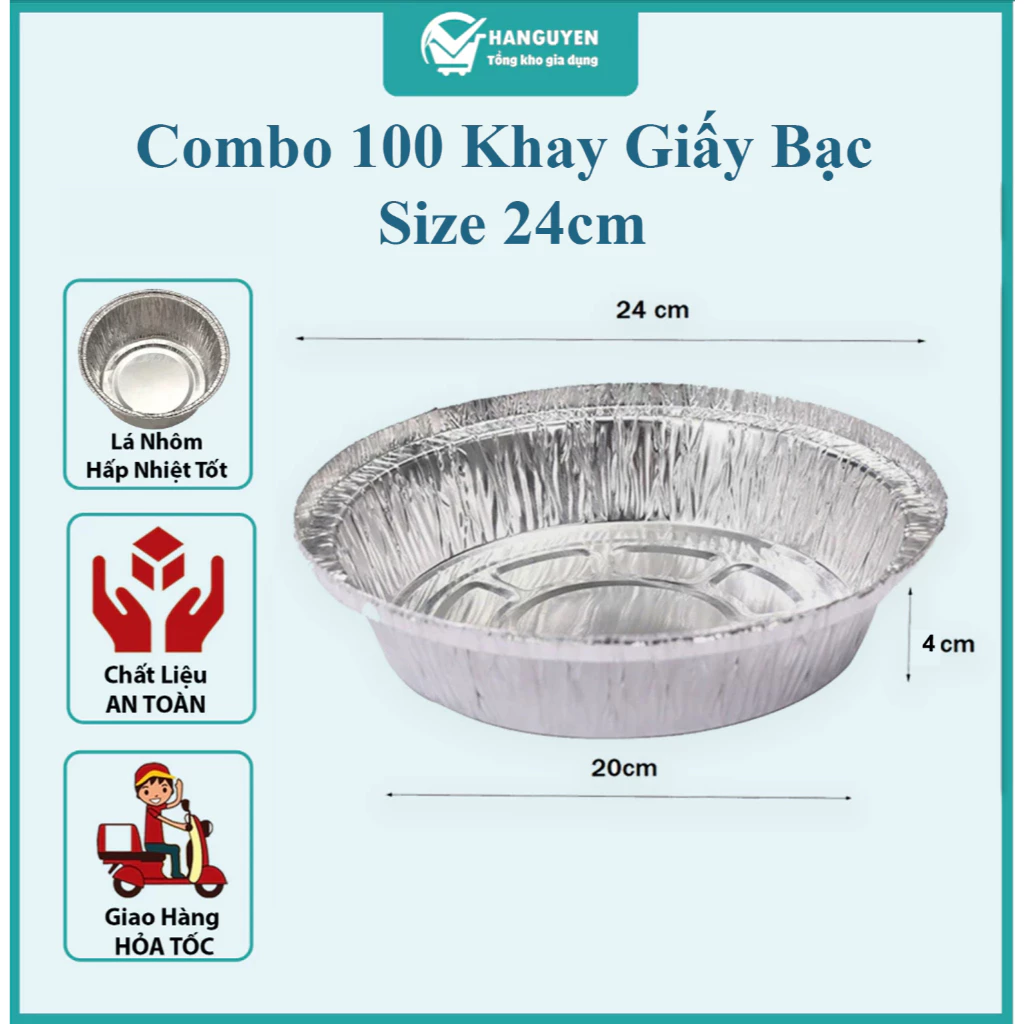Combo 100 Khuôn Giấy Bạc 24cm – Khay Nhôm Lót Lò Nướng, Nồi Chiên Không Dầu, Dùng Một Lần