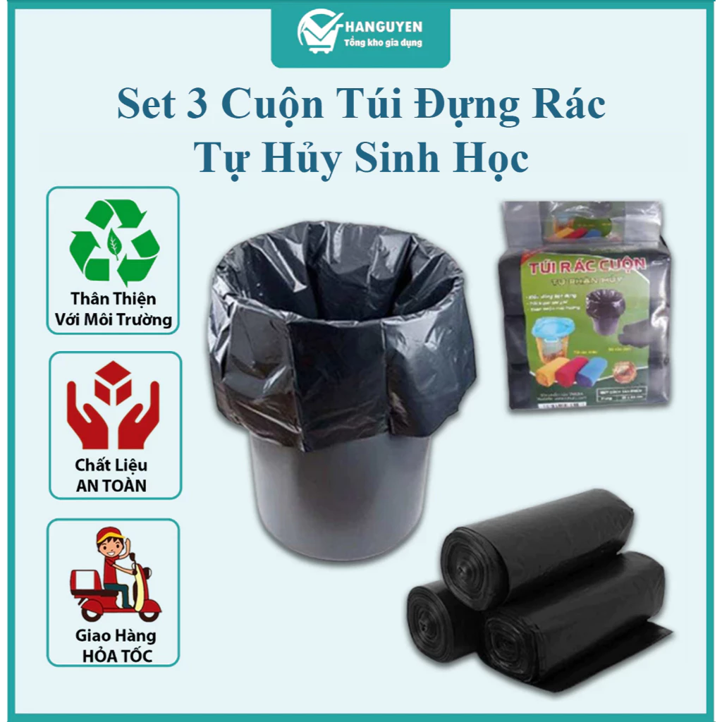Set 3 cuộn túi đựng rác tự hủy sinh học tiện dụng, tiết kiệm Nhiều Kích Thước