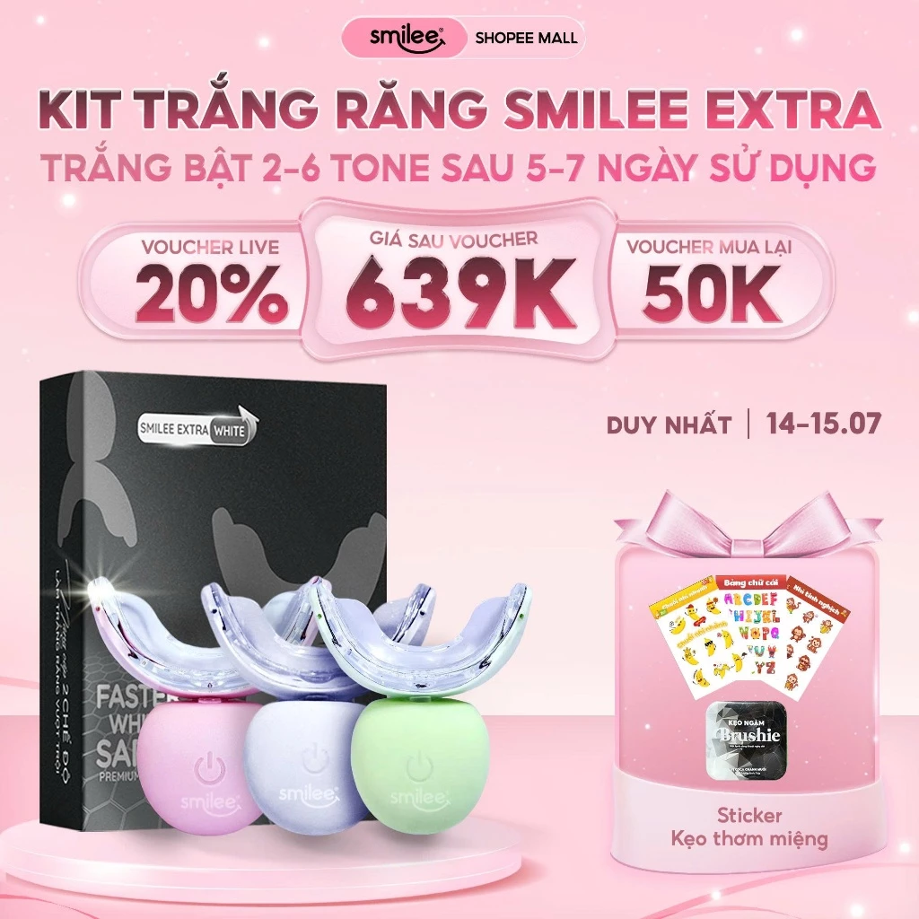 [GIÁ 670K TẠI LIVE SHOP] Trắng răng Smilee Extra, trắng răng từ 2-6 tone sau một liệu trình. Hàng chính hãng