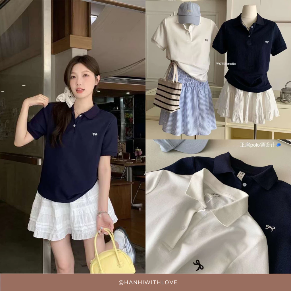 Áo thun polo nữ mùa hè thêu nơ trước ngực, Áo thun cổ tròn cơ bản cộc tay, áo polo tay ngắn có ve áo