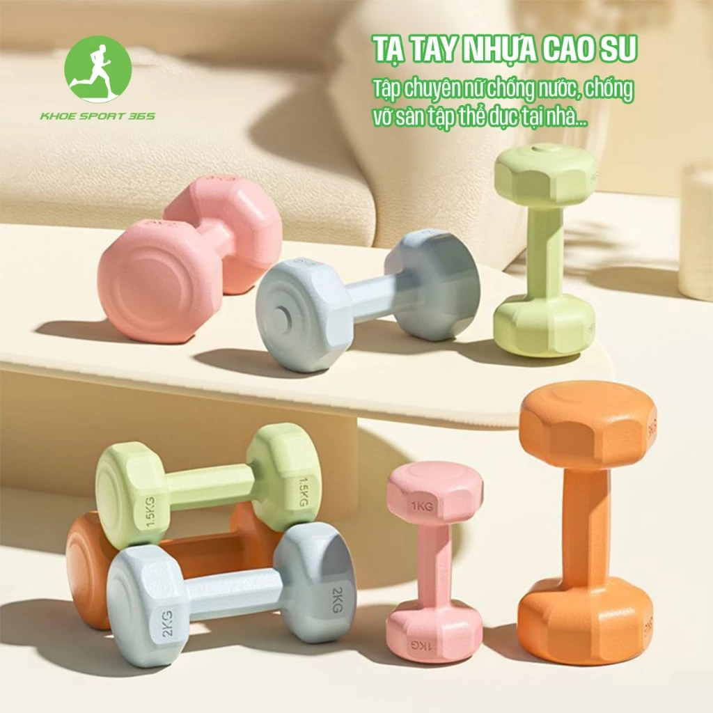 Tạ Tay Nữ Chất Liệu Nhựa cao su cao cấp chống nước, chống vỡ sàn tập thể dục tại nhà mẫu mới 2025 - Khoesport