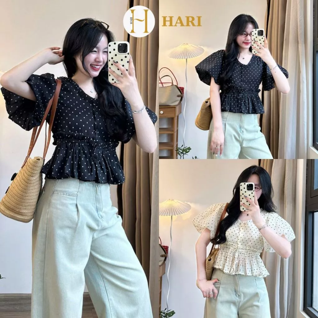 Áo Crop Chấm Bi Tay Bồng Hari Viền Bèo Dáng Bo Eo Dây Rút  Cổ Tròn Nữ Tính Aobbd039 P8k8
