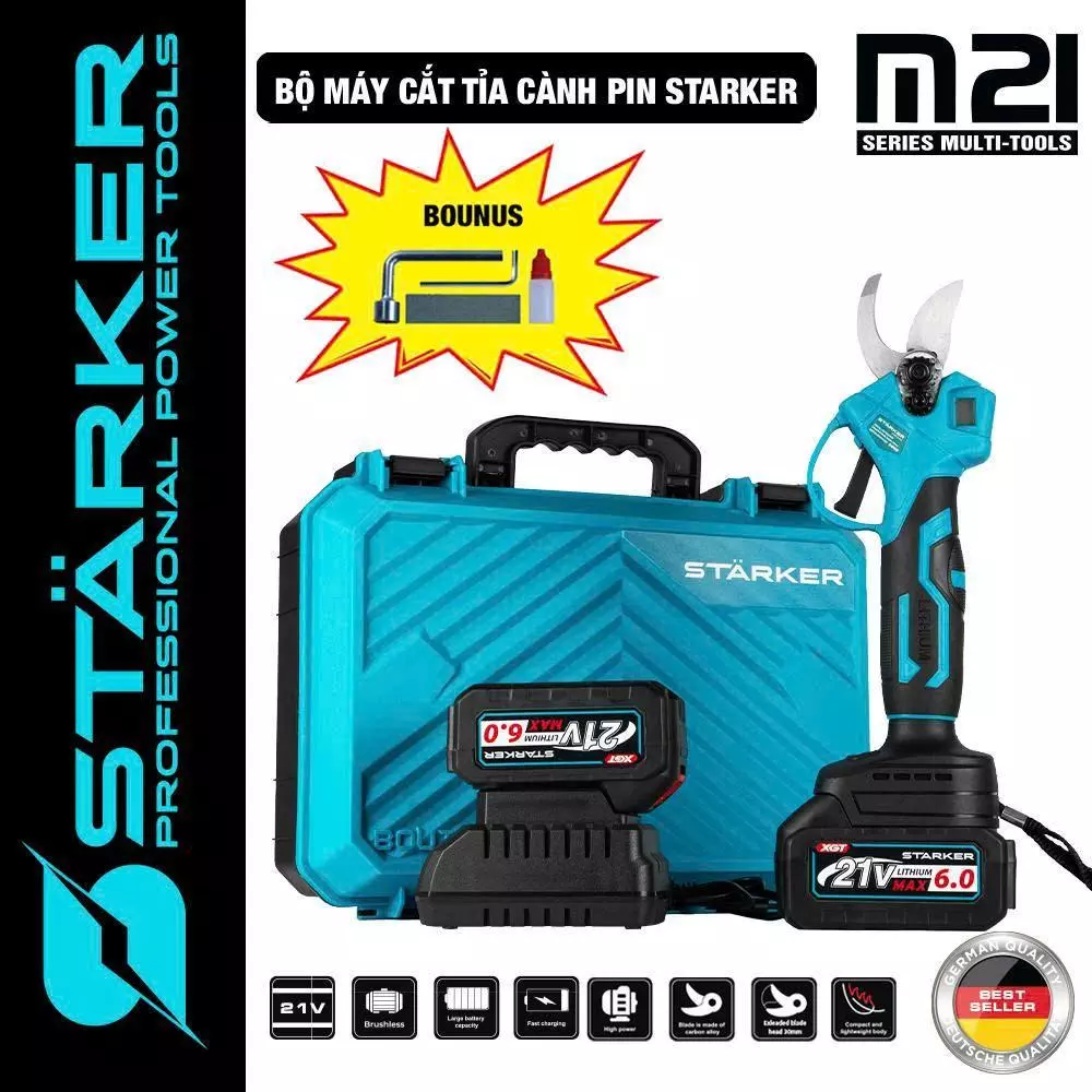Kéo Cắt Cành Pin STARKER Động Cơ Không Chổi Than - Dùng Chung Chân Pin MAKITA - Bảo Hành 6 Tháng Toàn Quốc