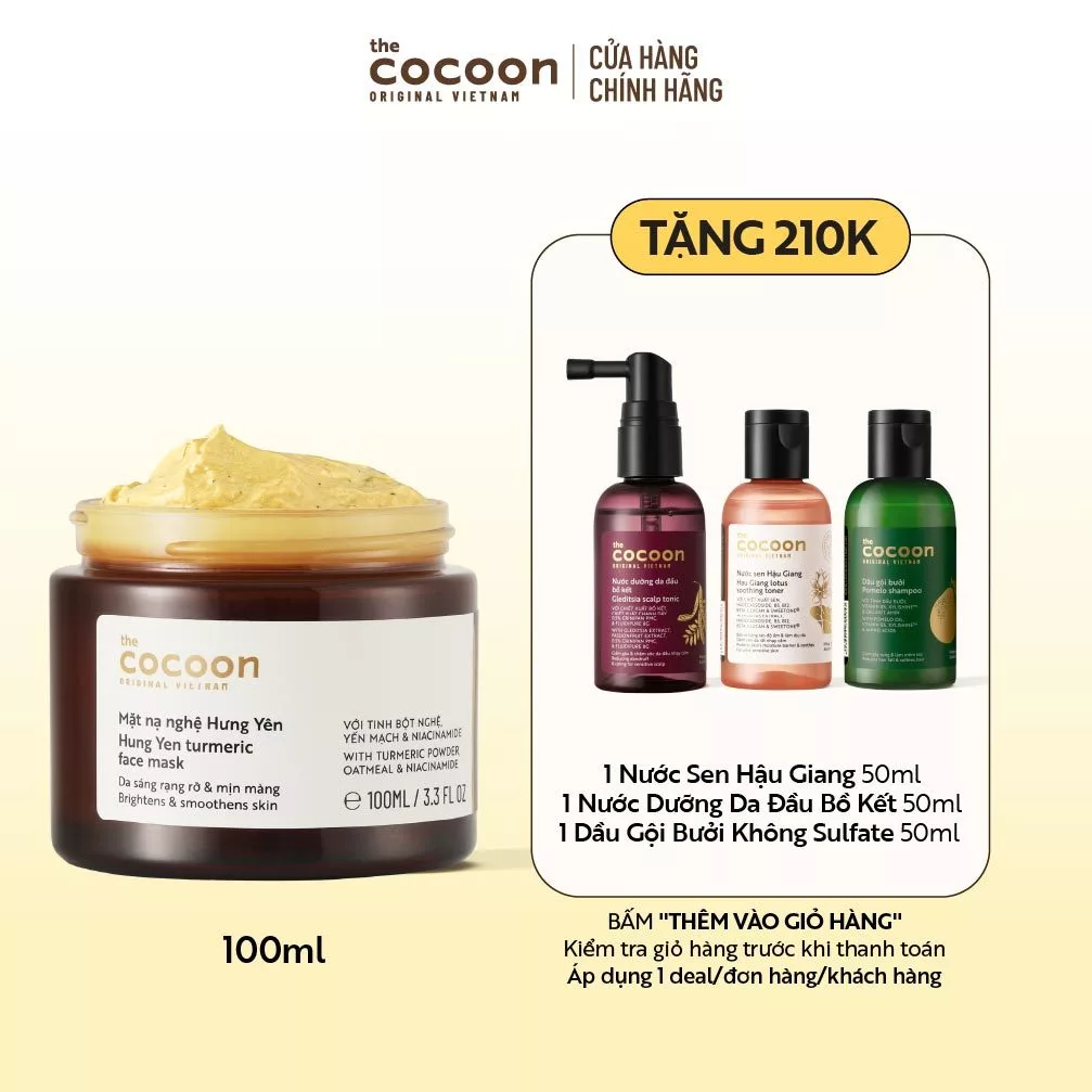 [FS] Mặt nạ nghệ Hưng Yên 100ml Tặng 1 Nước bồ kết 50ml + 1 Nước sen Hậu Giang 50ml + Dầu gội bưởi 50ml Cocoon