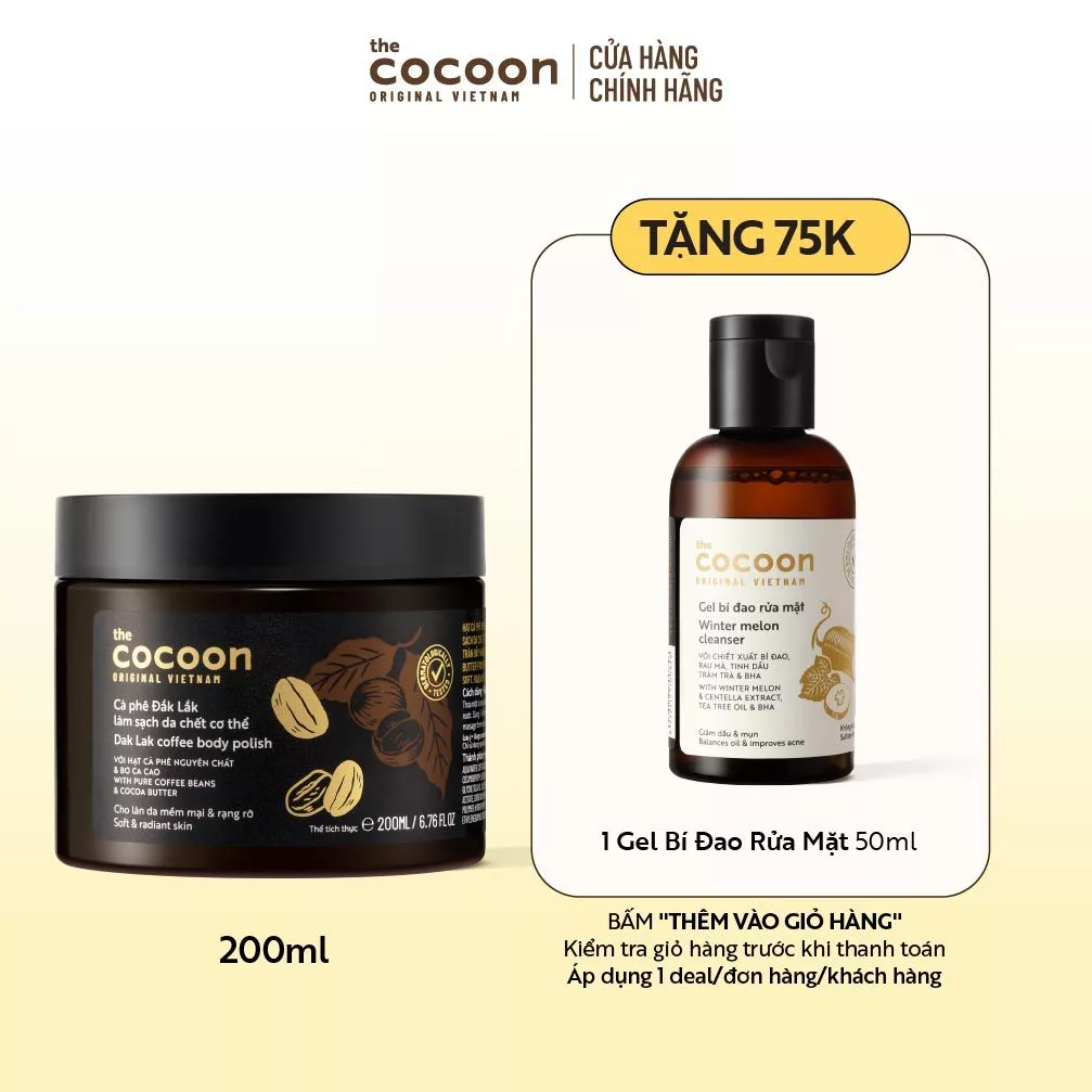[FS] Cà phê Đắk Lắk làm sạch da chết cơ thể 200ML Tặng 1 Gel bí đao rửa mặt 50ml Cocoon