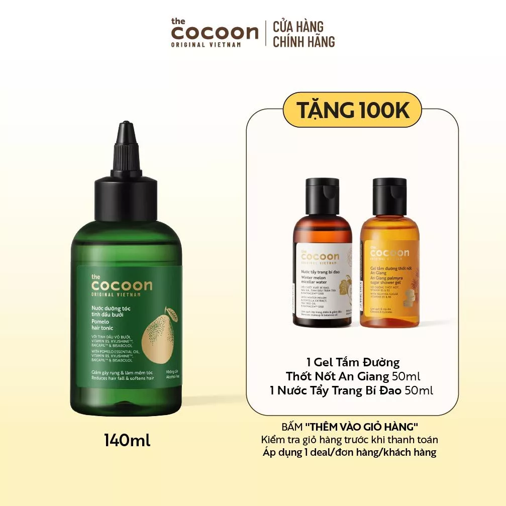 [FS] Nước dưỡng tóc tinh dầu bưởi 140ml Tặng 1 Gel tắm đường thốt nốt 50ml + 1 Tẩy trang bí đao 50ml Cocoon
