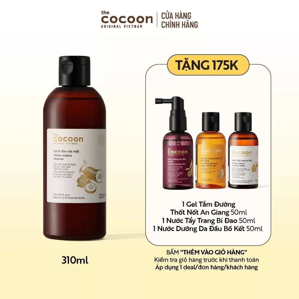 [FS] Gel bí đao rửa mặt 310ml Tặng 1 Nước bồ kết 50ml + 1 Gel tắm đường thốt nốt 50ml + 1 Nước tẩy trang bí 50ml Cocoon