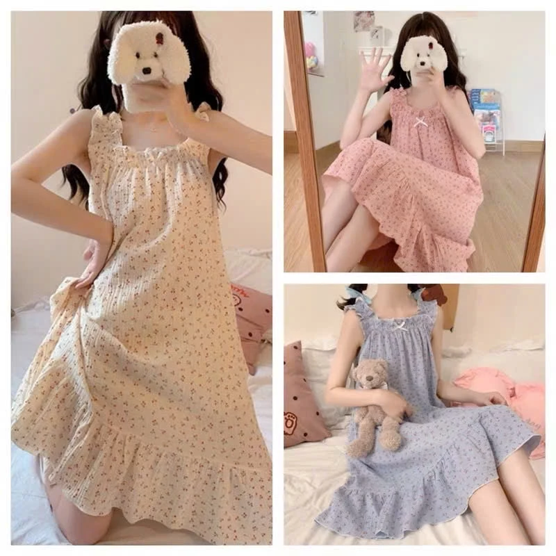 Váy hai dây ngủ chất xốp nhăn in cherry xinh, váy hai dây mặc nhà in cherry kiểu dáng hàn quốc