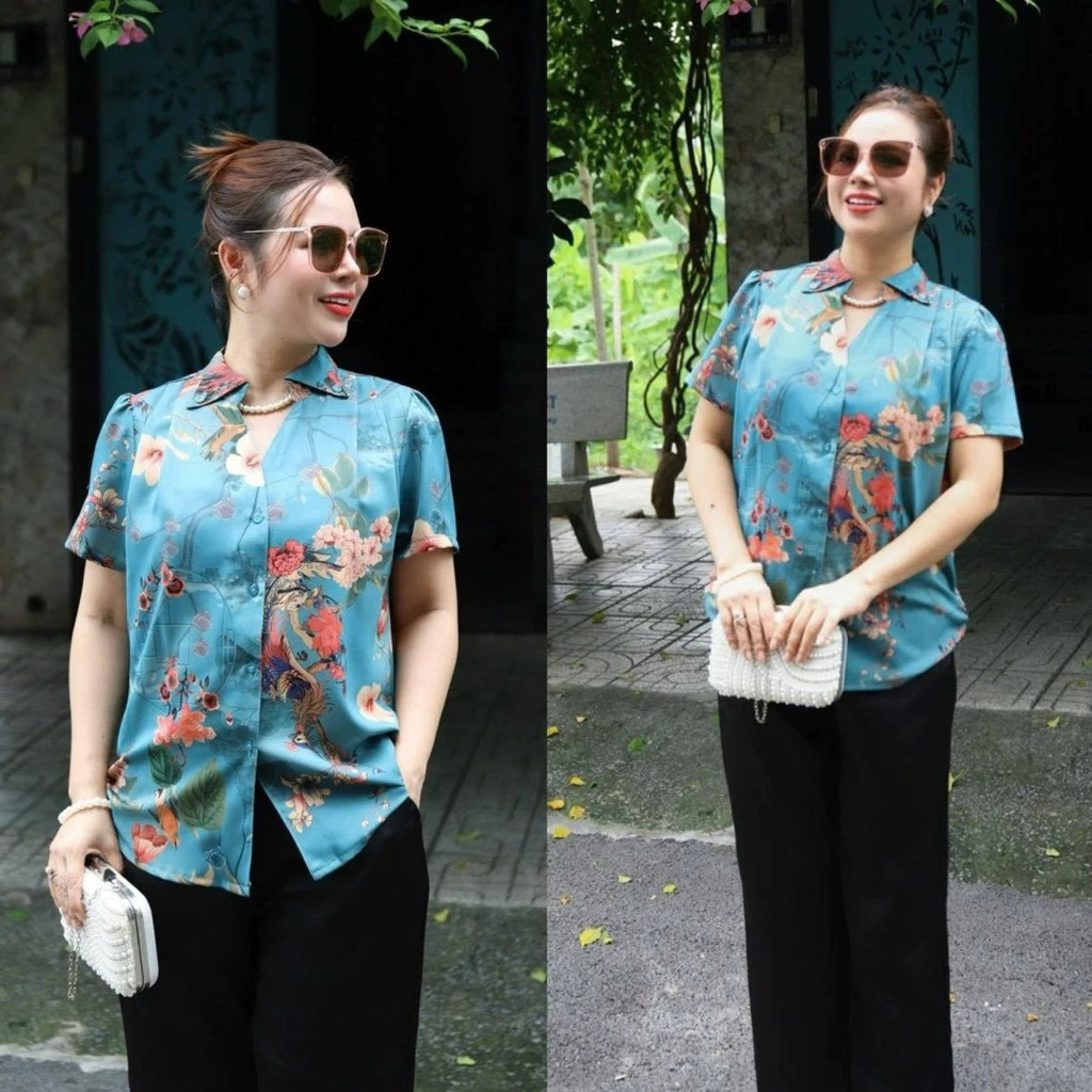 Set đồ trung niên, Set đồ kiểu cho các bà, các mẹ, áo sơ mi, quần dài, chất lụa tô châu CC39