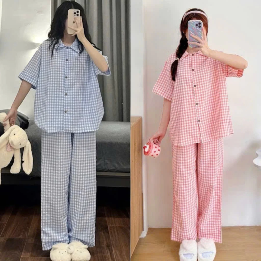 Bộ pijama cho nữ cộc tay quần dài chất xốp họa tiết caro trẻ trung - Đồ bộ mặc nhà chất đũi xốp cộc dài quần dài cute