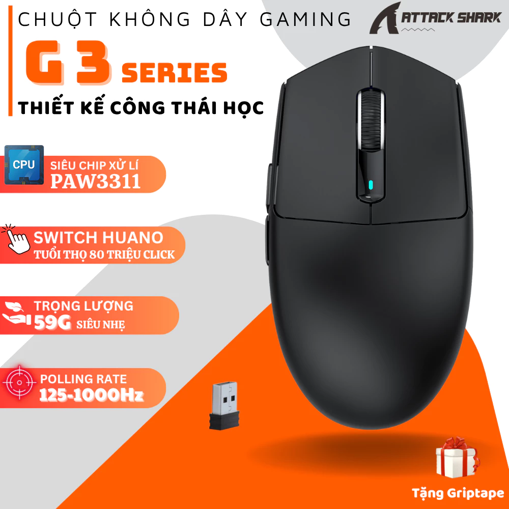 Chuột Gaming Không Dây Attack Shark G3 Series 3 Mode Kết Nối, PixArt PAW3311, 25000 DPI, App Gaming