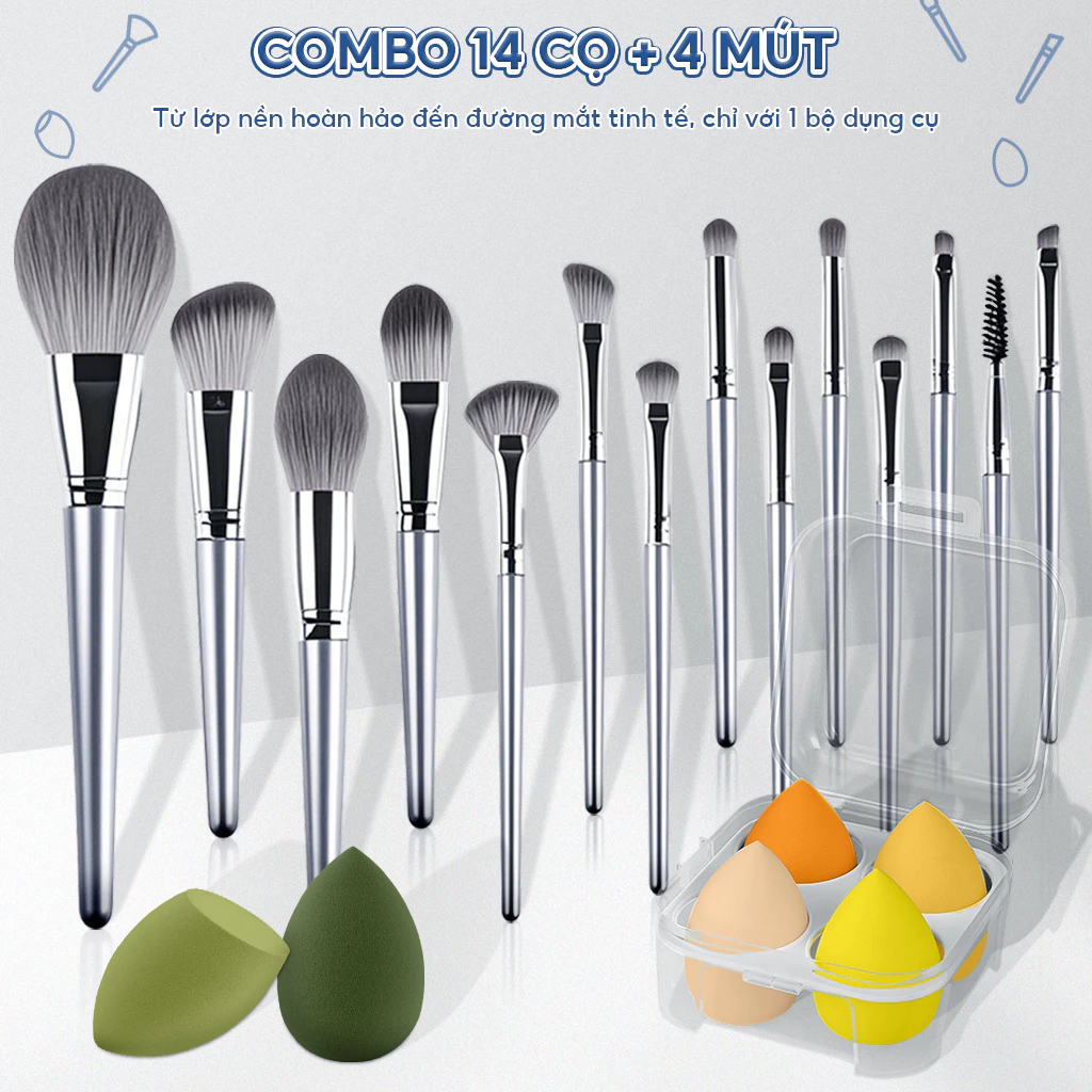 14 bộ bộ bàn chải trang điểm, bóng mắt hoàn chỉnh, bột, bộ bàn chải đỏ và đường viền+Bộ 4 Mút Trang Trứng Kèm