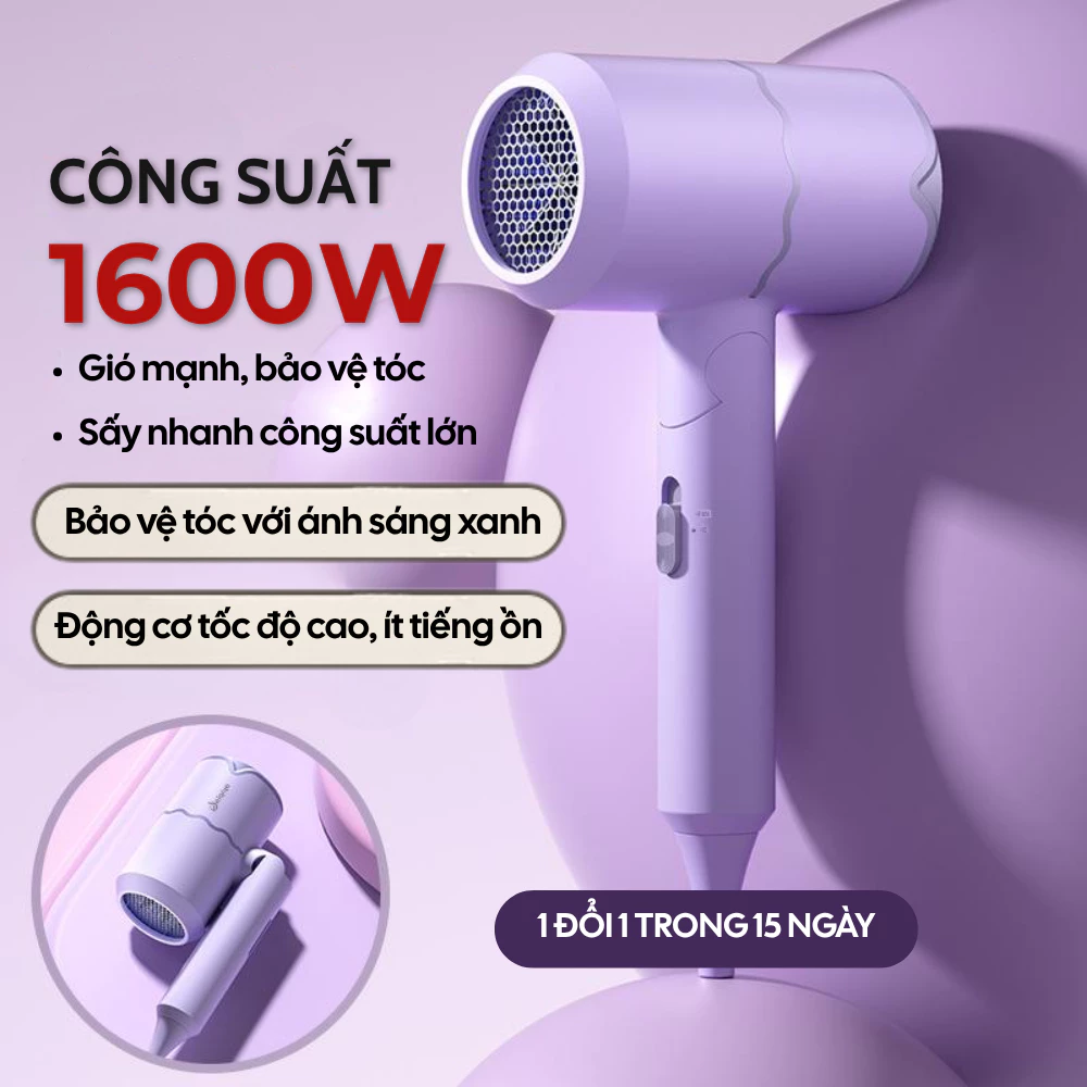 Máy Sấy Tóc 1600W Gấp Gọn, Sấy Nhanh 2 Chiều, Công Nghệ Ion Bóng Mượt, An Toàn Cho Du Lịch, Gia Đình
