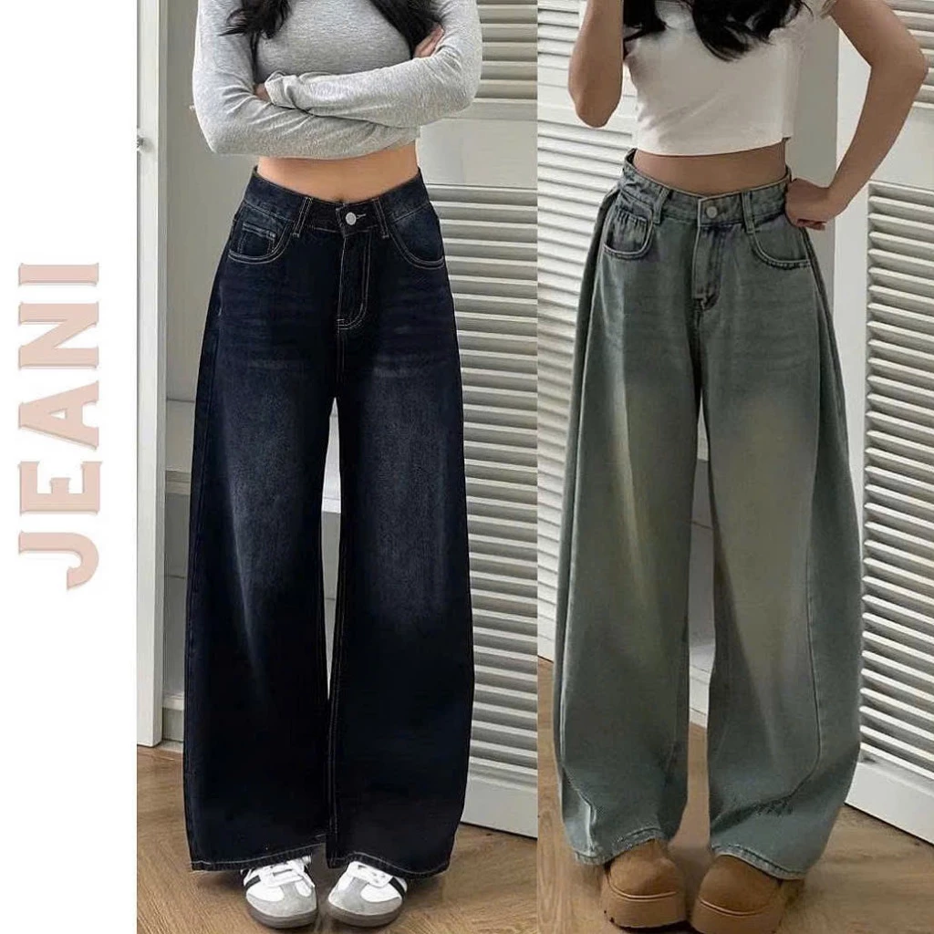 𝐌𝐈𝐍𝐈 𝐇𝐎𝐔𝐒𝐄 - Quần jeans nữ ống rộng phối line nhúm phần hông tôn dáng che khuyết điểm MINI003