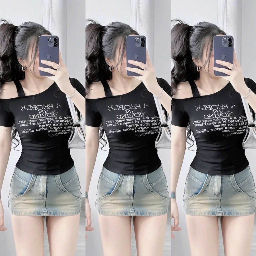 🌷Xinh🌷Áo thun borip lụa Qc lệch vai (có dây) in chữ mờ phom ôm nhún eo siêu xinh