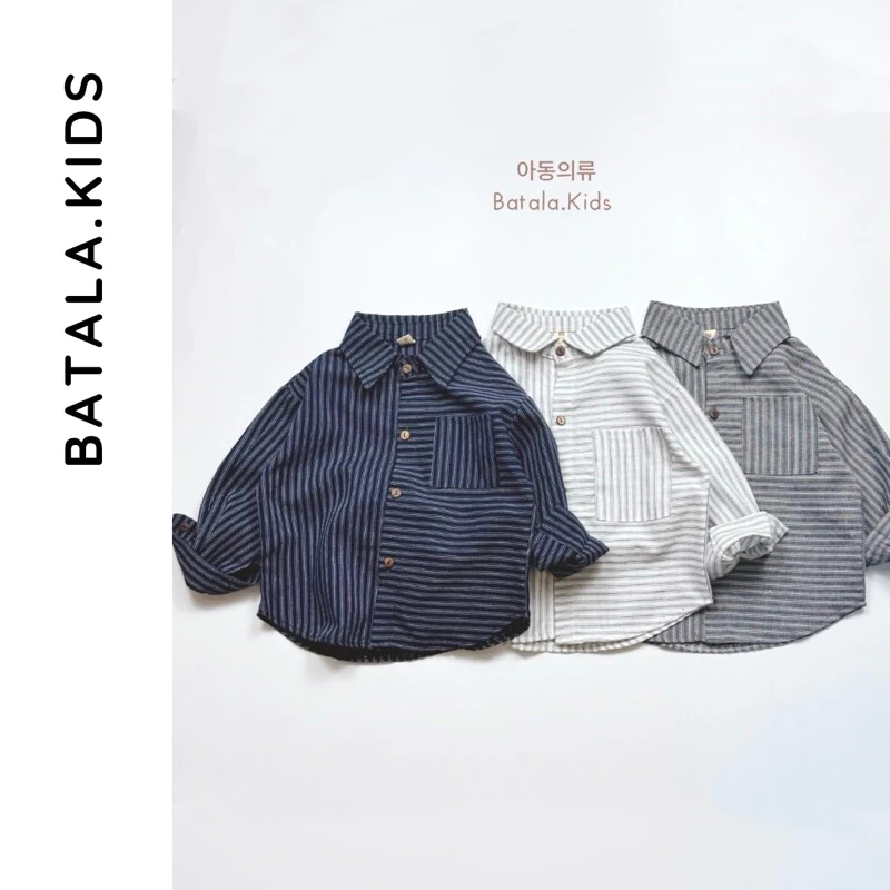 Áo sơ mi dài tay sọc dọc cho bé trai bé gái Batala Kids, áo SƠ MI KẺ DÀI TAY TÚI SỌC DỌC 3 MÀU phom Hàn 2025