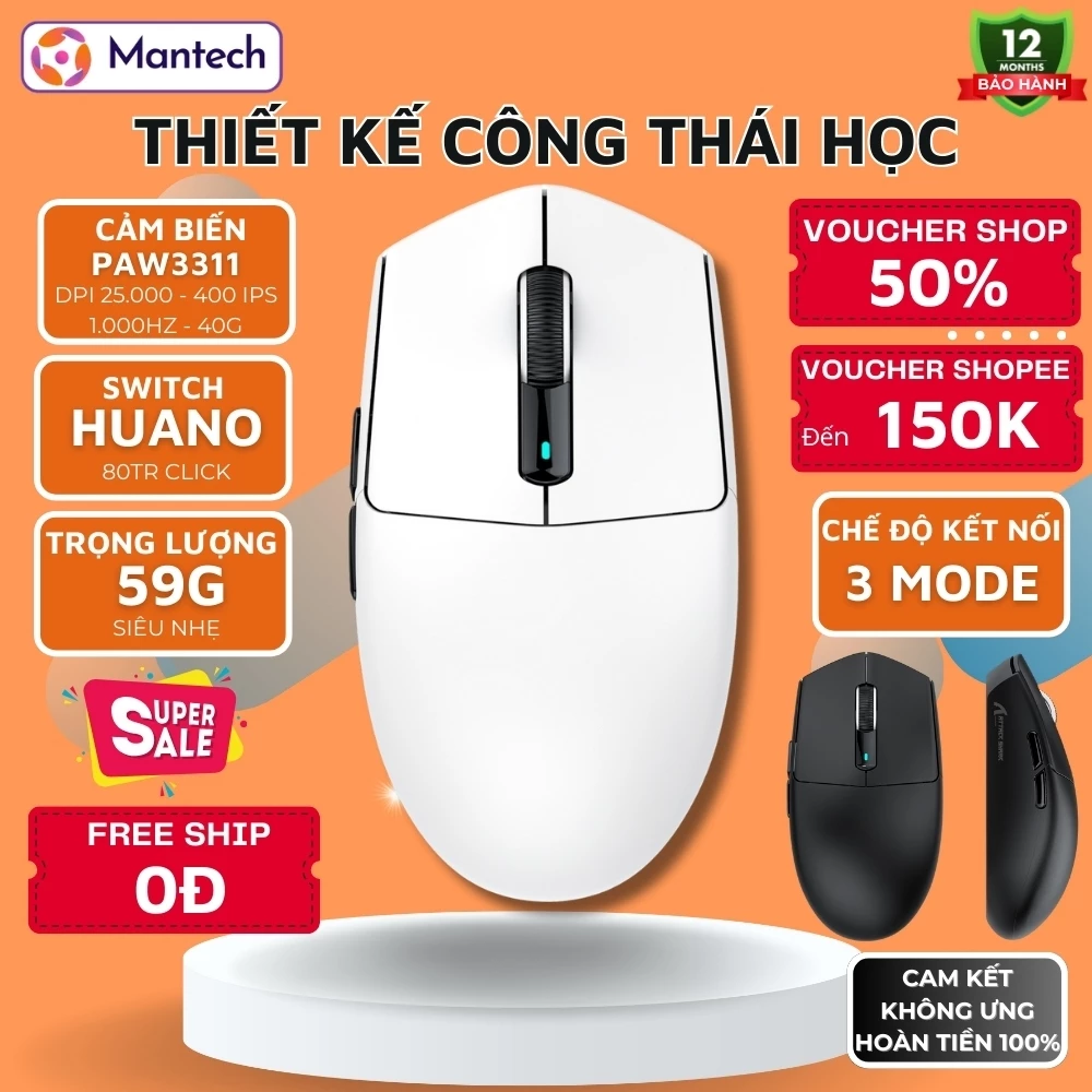 Chuột Gaming Không Dây Attack Shark G3 - Thiết Kế Công Thái học, DPI 25000, Pin Trâu 500mAh, Có App
