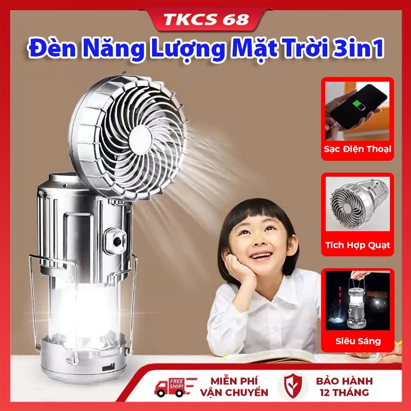 Đèn Năng Lượng 3in1 Mặt Trời , Tích Hợp Quạt, Sạc Pin Điện Thoại, Siêu Sáng,Đèn Bão Du Lịch Đi Câu Cá Cắm Trại Picnic