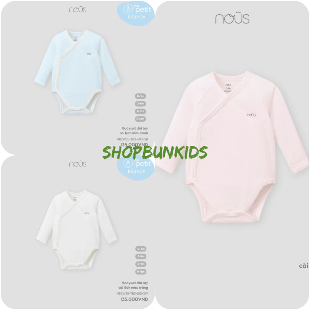 [ Nous ] Bodysuit dài tay sơ sinh Nous 0-3 / 3-6 / 6-9 vải petit hè mỏng mát / Body chip dài tay / Bộ liền thân