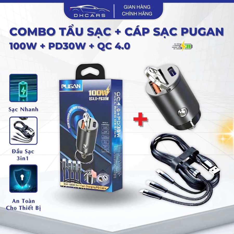 Tẩu sạc nhanh ô tô PUGAN 100w , sạc siêu nhanh cắm tẩu âm nguồn 2 cổng USB và TYPE C phù hợp tất cả ô tô hàng chính hãng