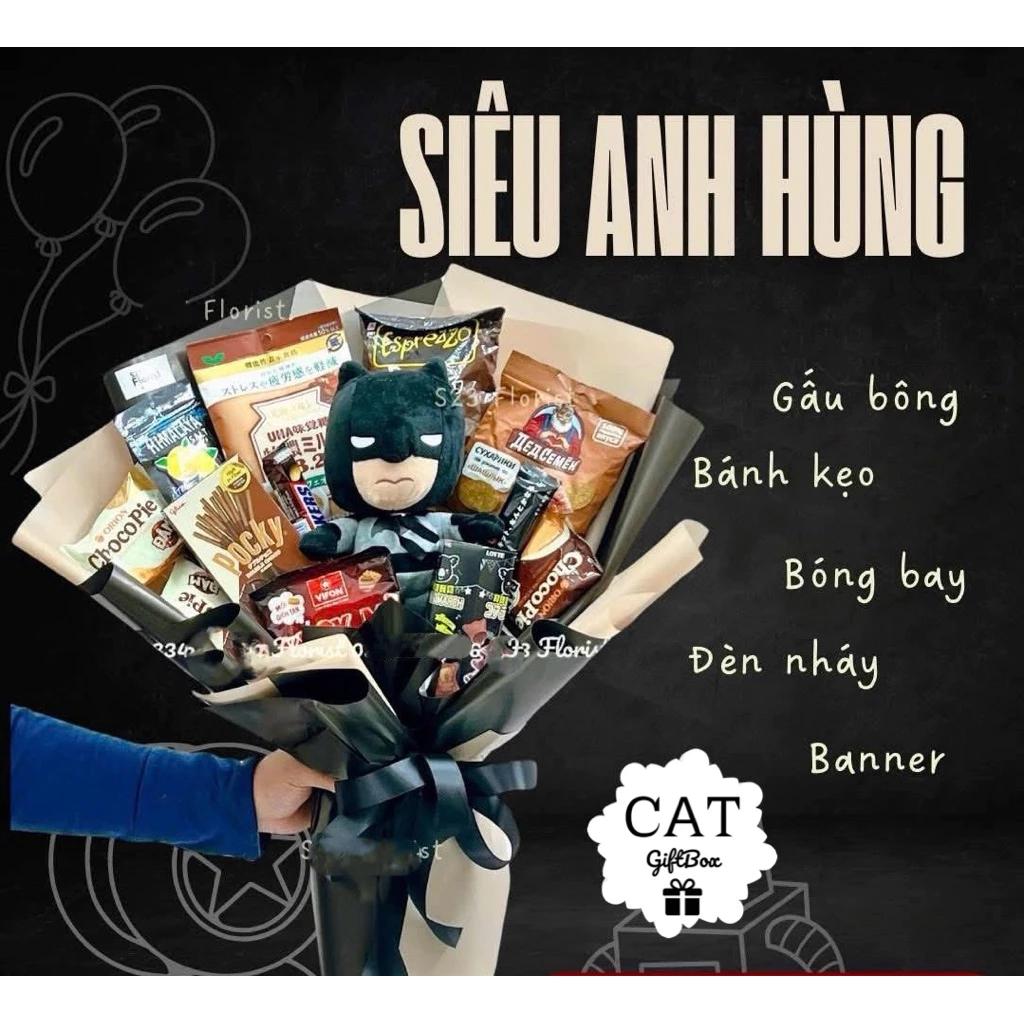 Bó Hoa Bánh Kẹo Siêu Anh Hùng – Batman / Captain America/ Spiderman , quà tặng bánh kẹo, bó hoa bánh kẹo tặng bé trai