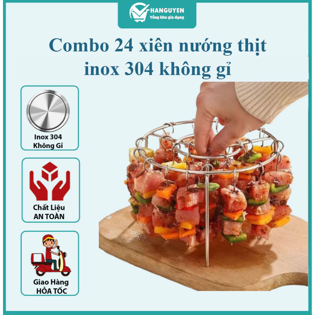 Xiên thịt nướng cho nồi chiên không dầu combo 24 xiên inox 304 không gỉ an toàn bbq