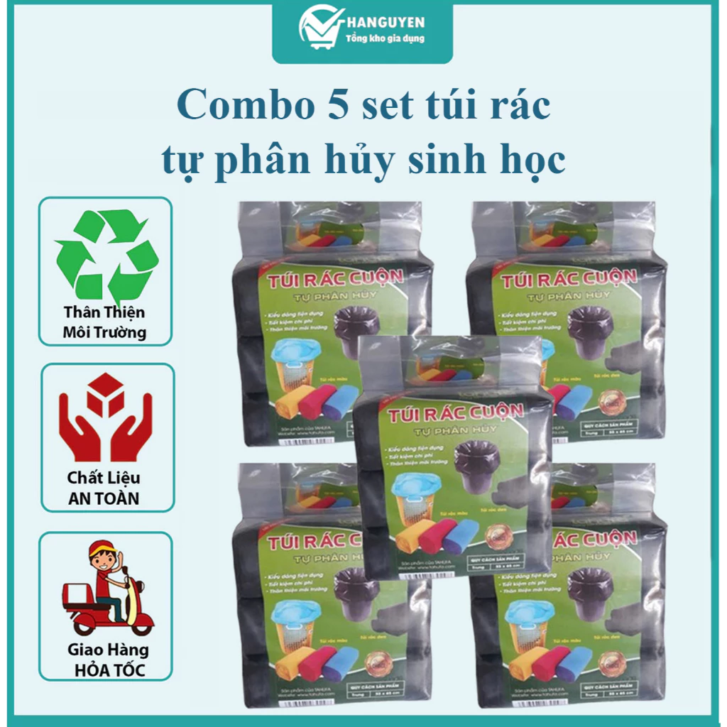 Combo 5 set 3 cuộn Túi Rác Tự Phân Hủy sinh học tiện dụng, tiết kiệm Kích Thước Lớn 55*65 cm
