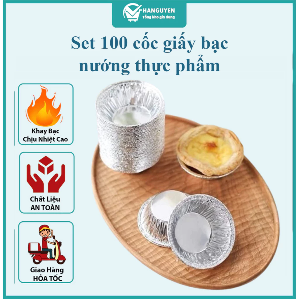 Set 100 cốc giấy bạc nướng thực phẩm - khuôn nướng tart trứng, bánh, hàu tiện dụng