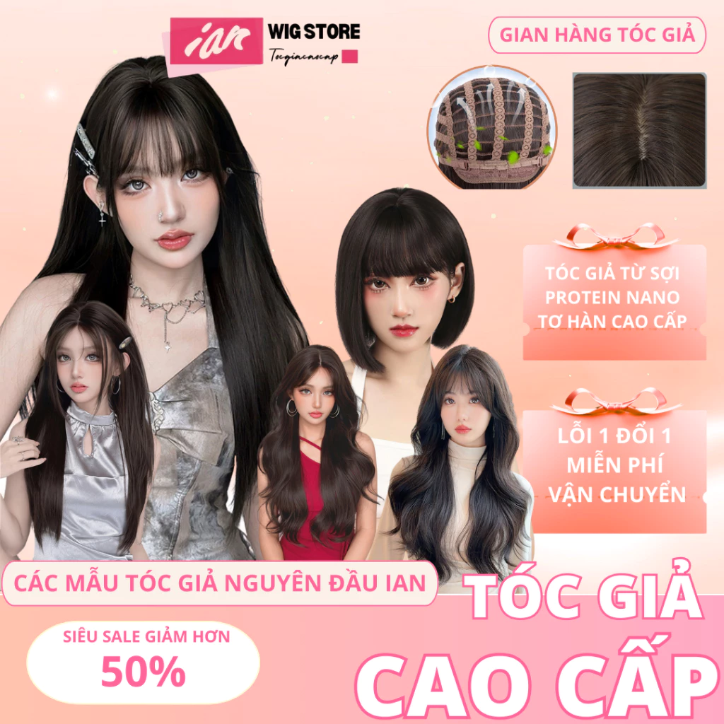 Tóc Giả Nguyên Đầu iAn Cao Cấp, Tóc Nguyên Đầu Chất Liệu Tơ Lụa Mờ Chịu NHiệt