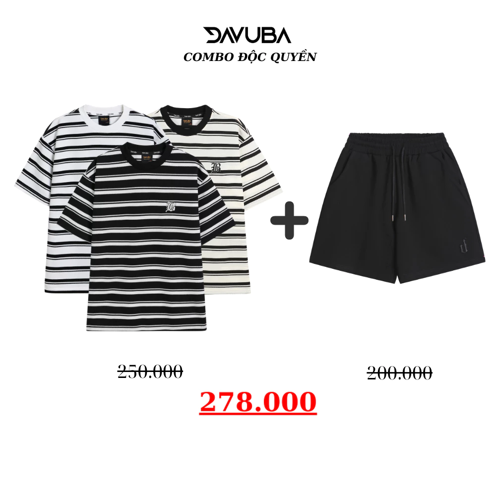 [Combo độc quyền DAVUBA] Áo thun trơn kẻ sọc Dream + quần short D CB27